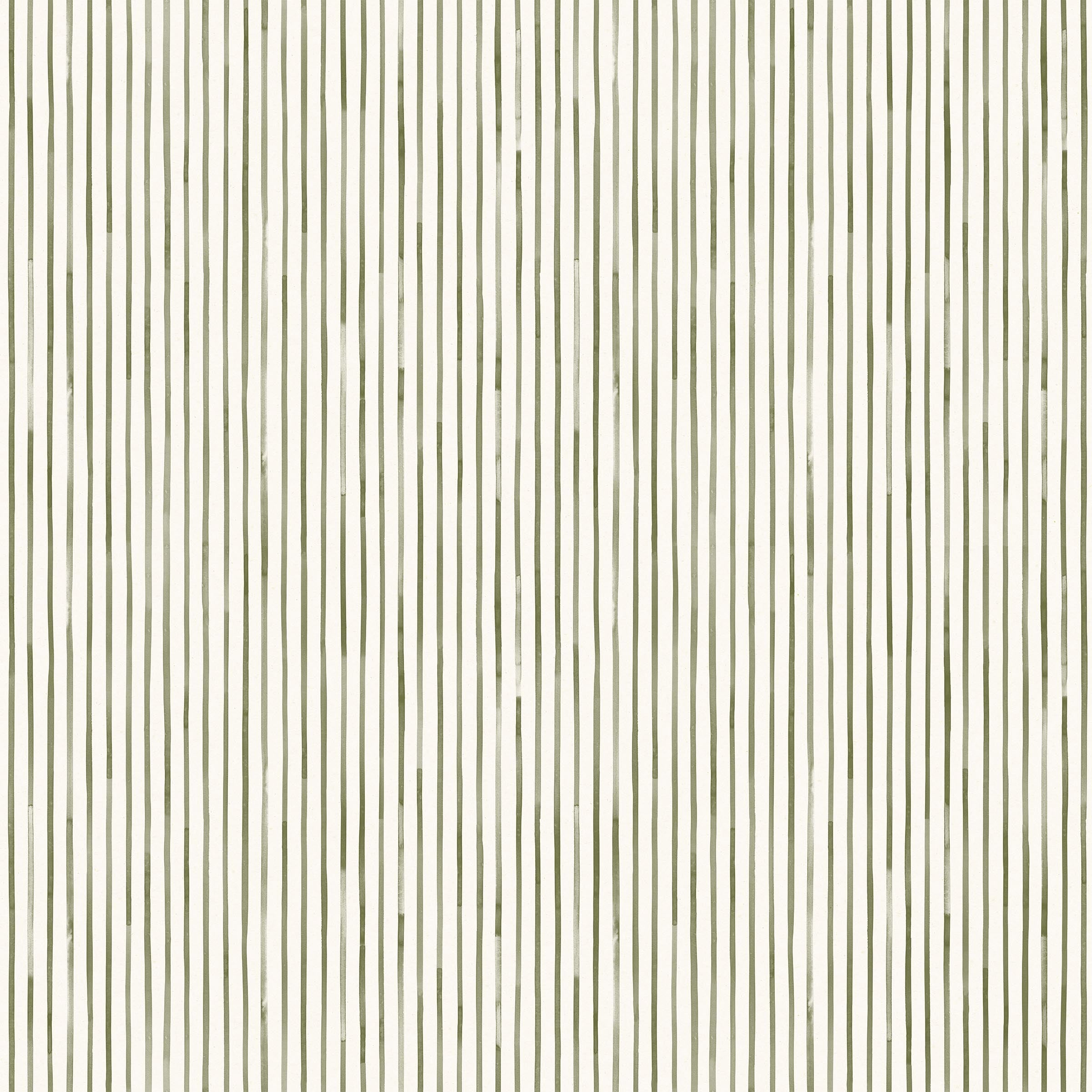 Detail of wallpaper in a painterly stripe pattern in sage on a white field.