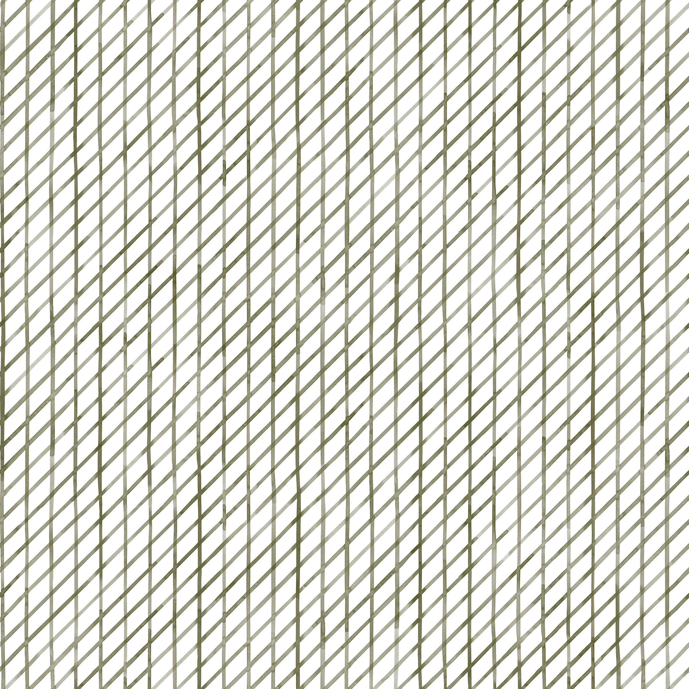Detail of fabric in a painterly uneven grid pattern in sage on a white field.