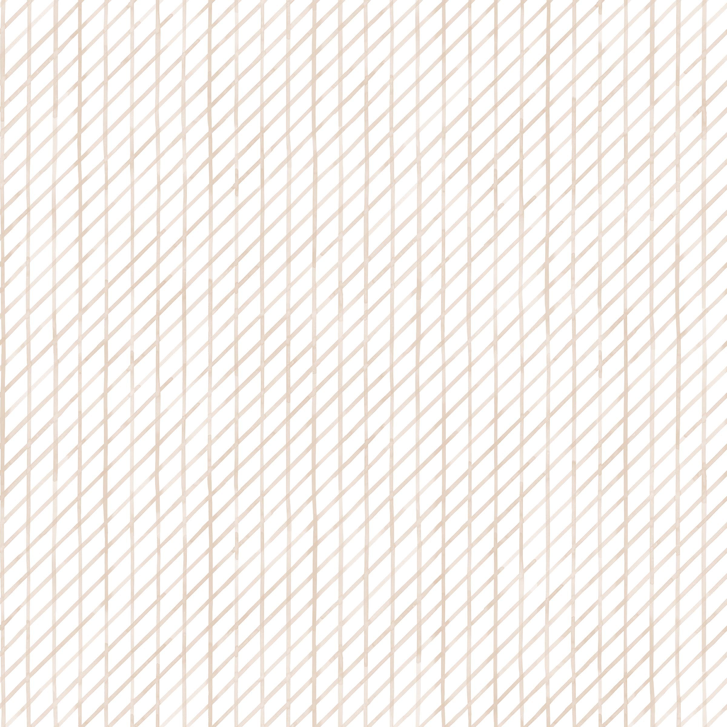 Detail of fabric in a painterly uneven grid pattern in cream on a white field.