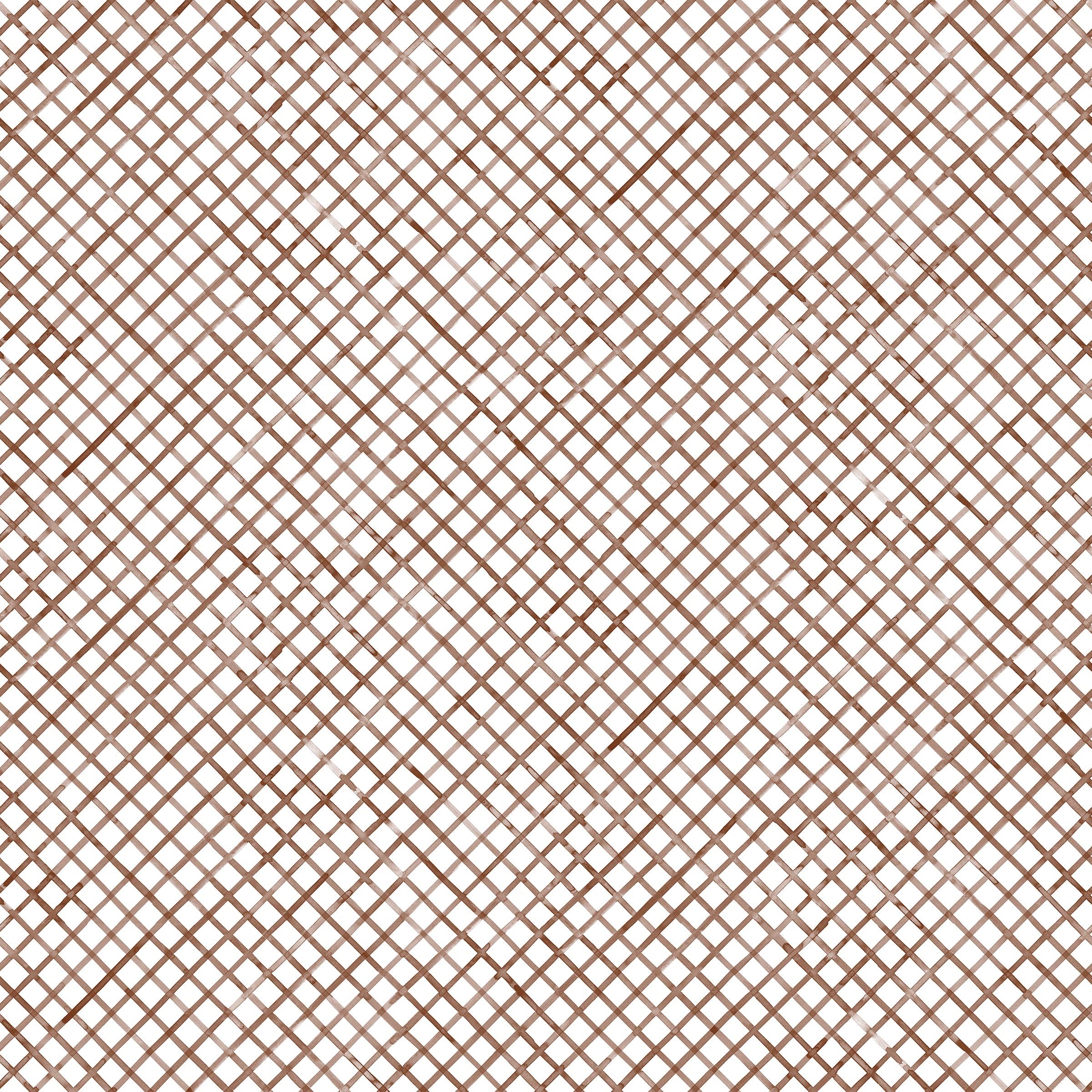 Detail of fabric in a painterly grid pattern in brown on a white field.