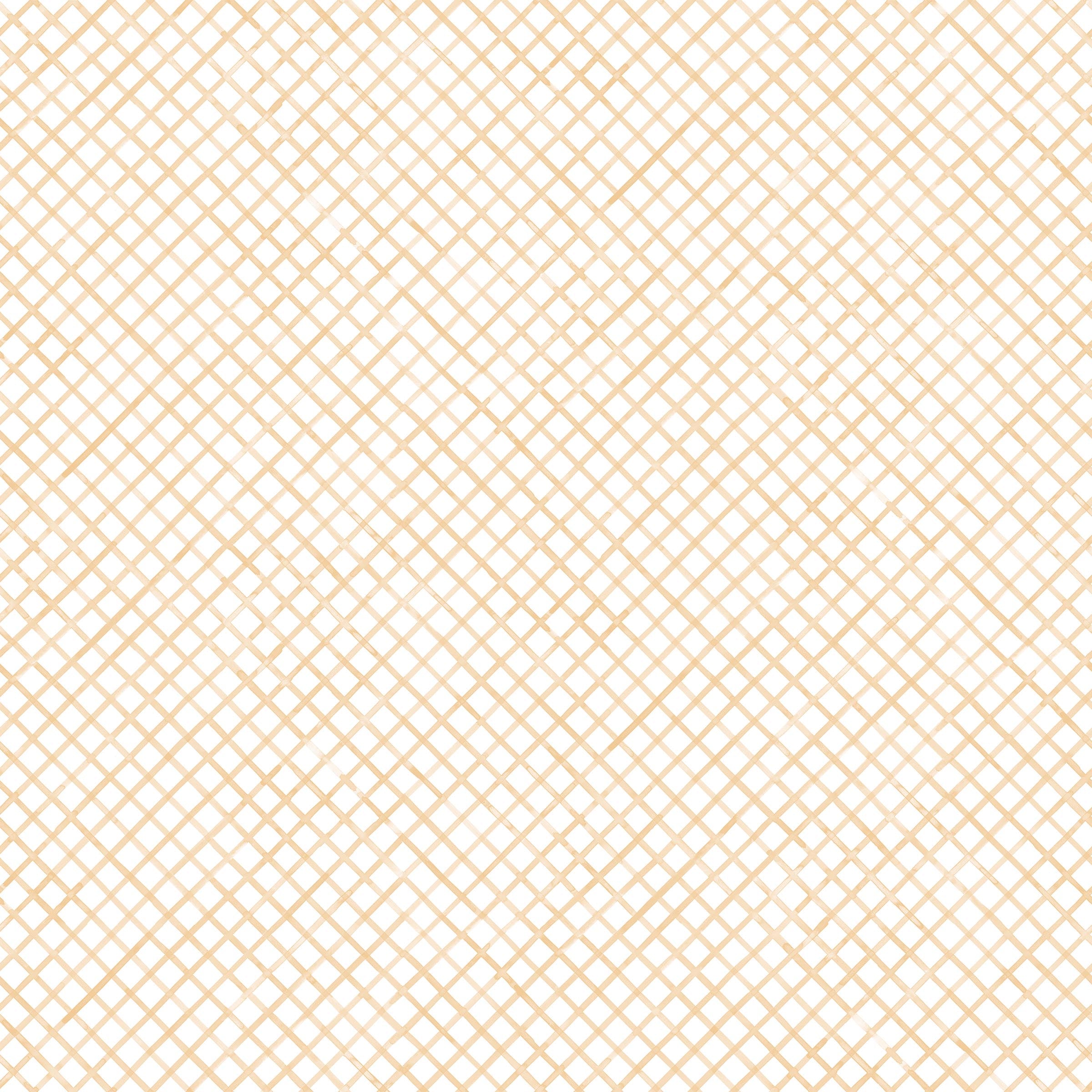 Detail of fabric in a painterly grid pattern in gold on a white field.