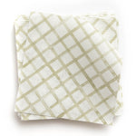 A stack of fabric swatches in a painterly grid pattern in light green on a white field.