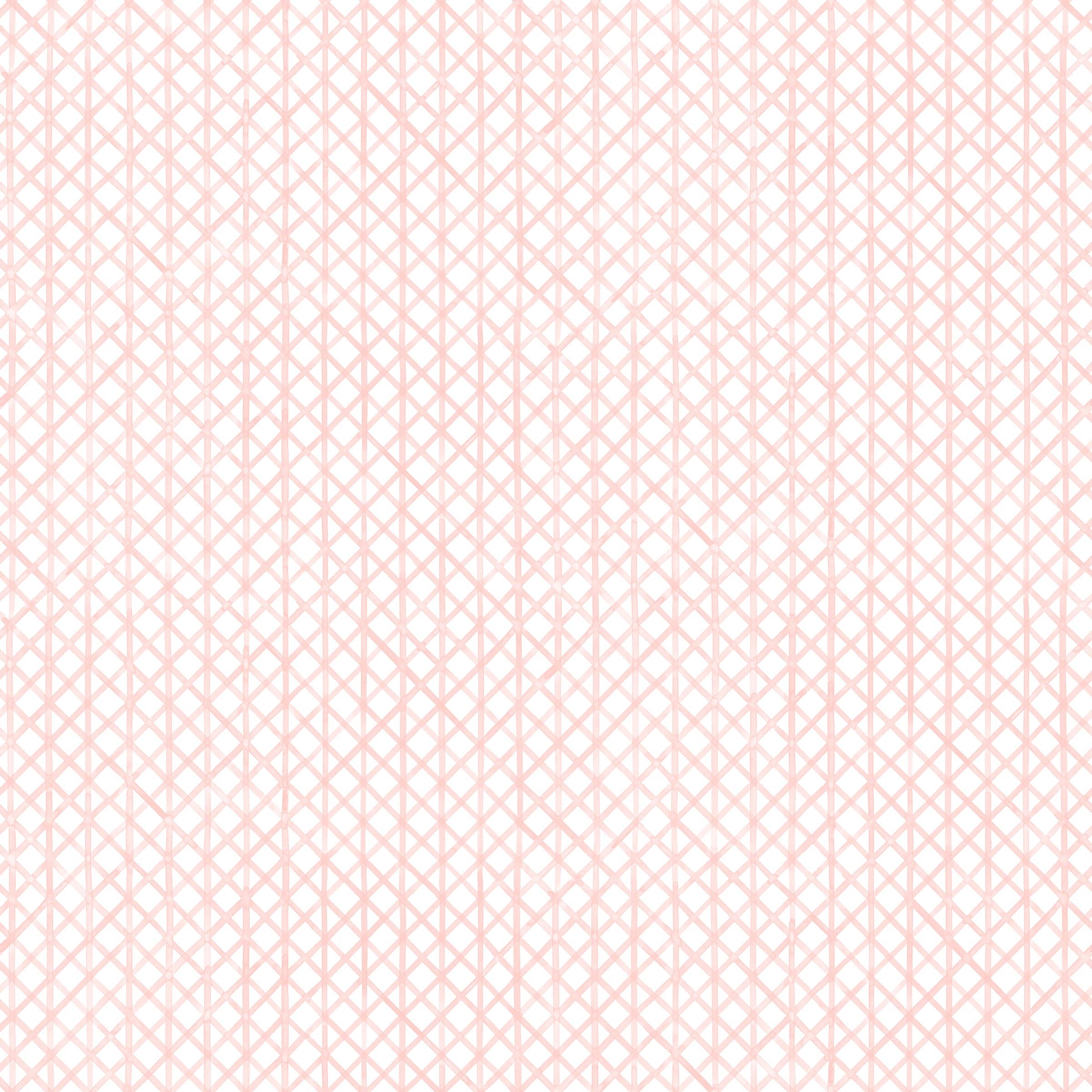 Detail of fabric in an intricate striped grid pattern in light pink on a white field.