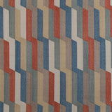 Detail of a handwoven rug with a stacked zig zag stripe in shades of blue, red, ivory, and taupe. 