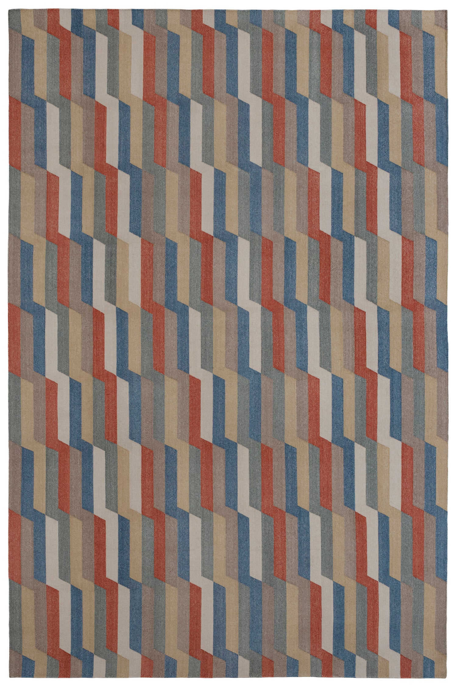 Handwoven rug with a stacked zig zag stripe in shades of blue, red, ivory, and taupe. 