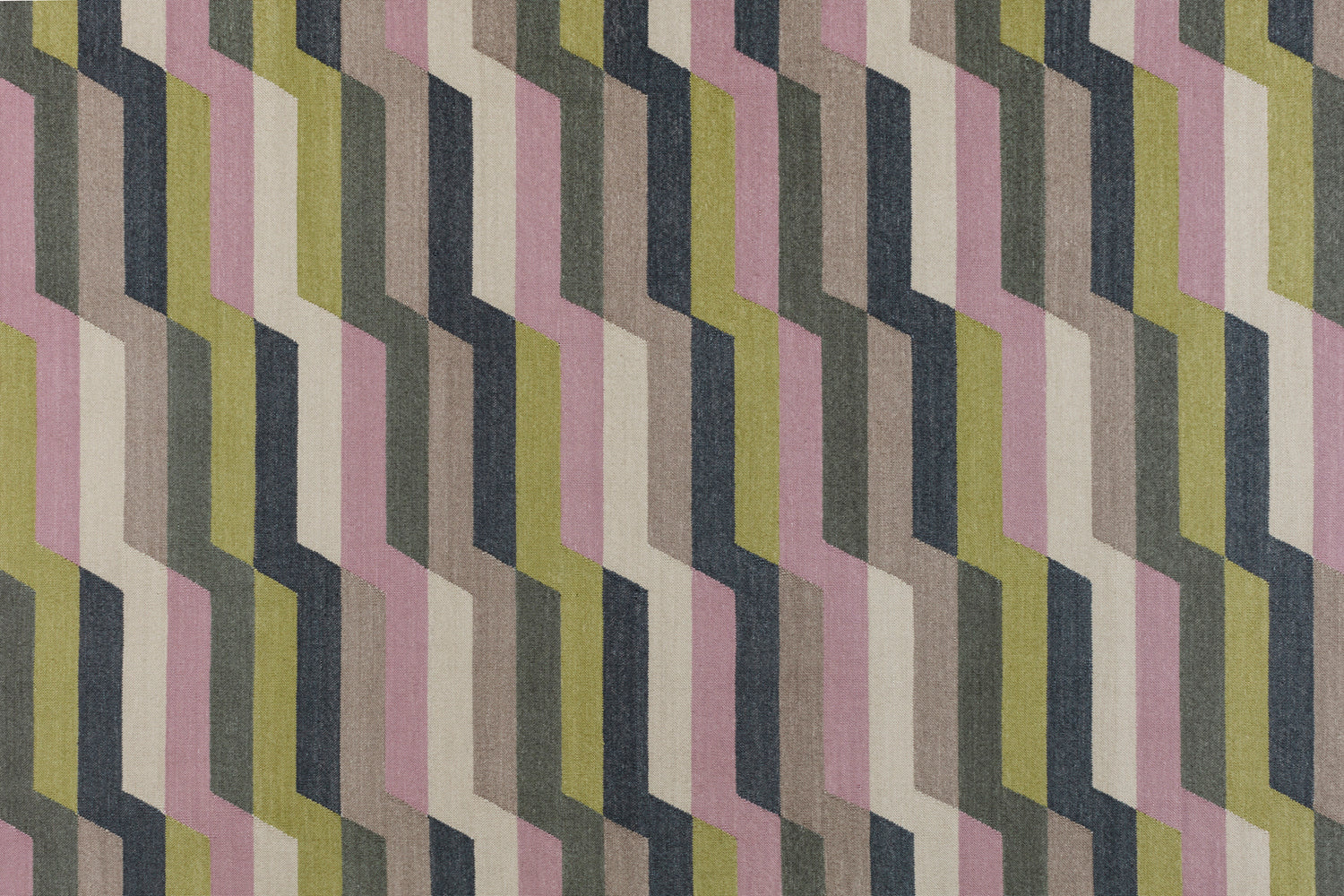 Handwoven rug with a stacked zig zag stripe in purple, lime green, cream and shades of grey. 