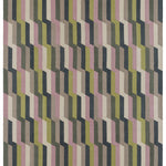 Handwoven rug with a stacked zig zag stripe in purple, lime green, cream and shades of grey. 