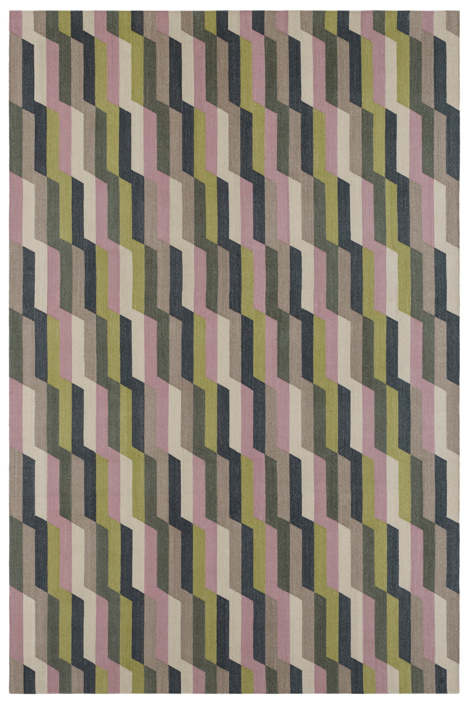Handwoven rug with a stacked zig zag stripe in purple, lime green, cream and shades of grey. 
