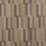 Detail of a handwoven rug with a stacked zig zag stripe in shades of brown, taupe, and tan. 