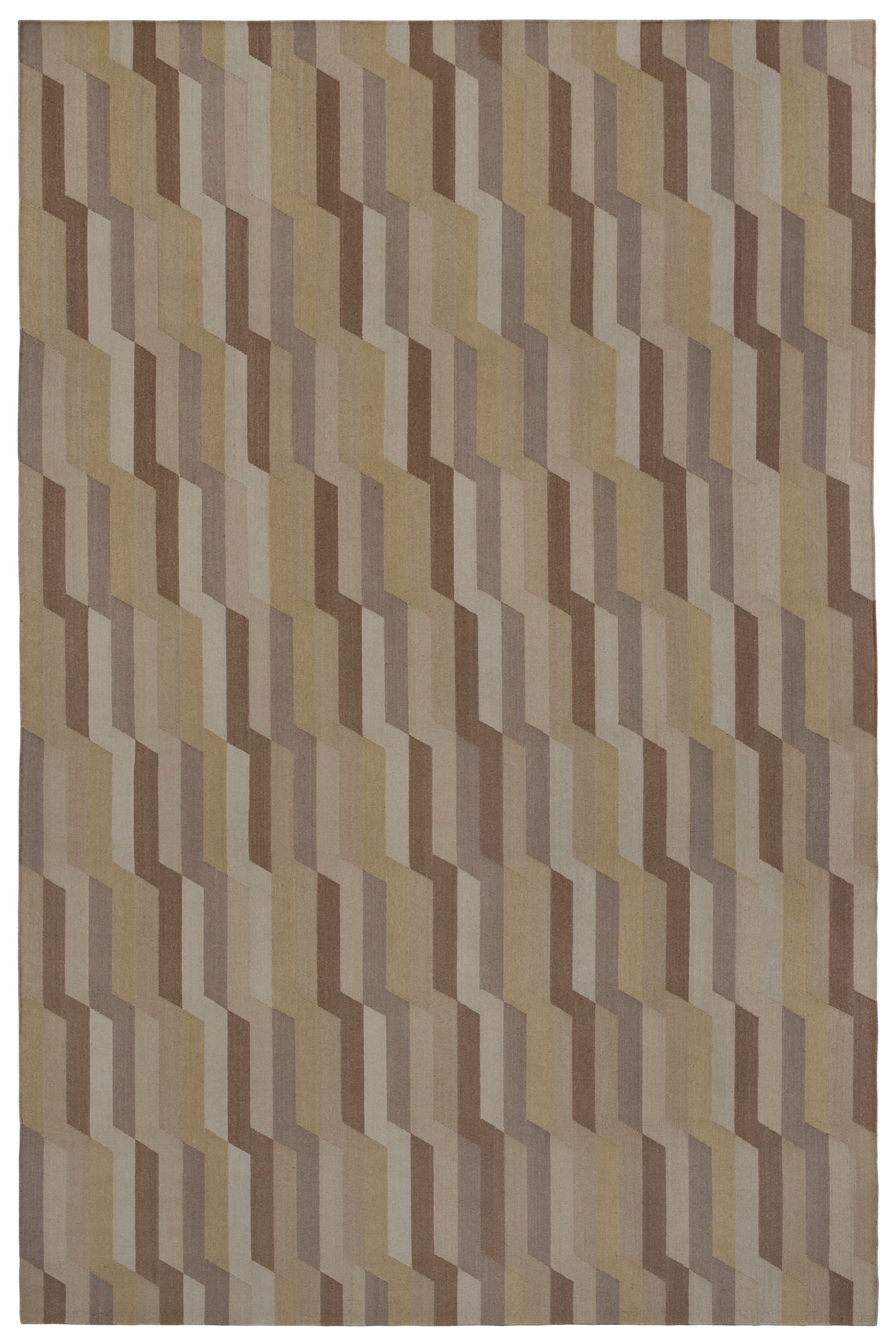 Handwoven rug with a stacked zig zag stripe in shades of brown, taupe, and tan. 
