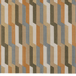 Detail of a handwoven rug with a stacked zig zag stripe in shades of tan, ochre, chambray blue and ivory. 