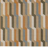 Detail of a handwoven rug with a stacked zig zag stripe in shades of tan, ochre, chambray blue and ivory. 