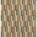 Handwoven rug with a stacked zig zag stripe in shades of tan, ochre, chambray blue and ivory. 