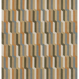 Handwoven rug with a stacked zig zag stripe in shades of tan, ochre, chambray blue and ivory. 