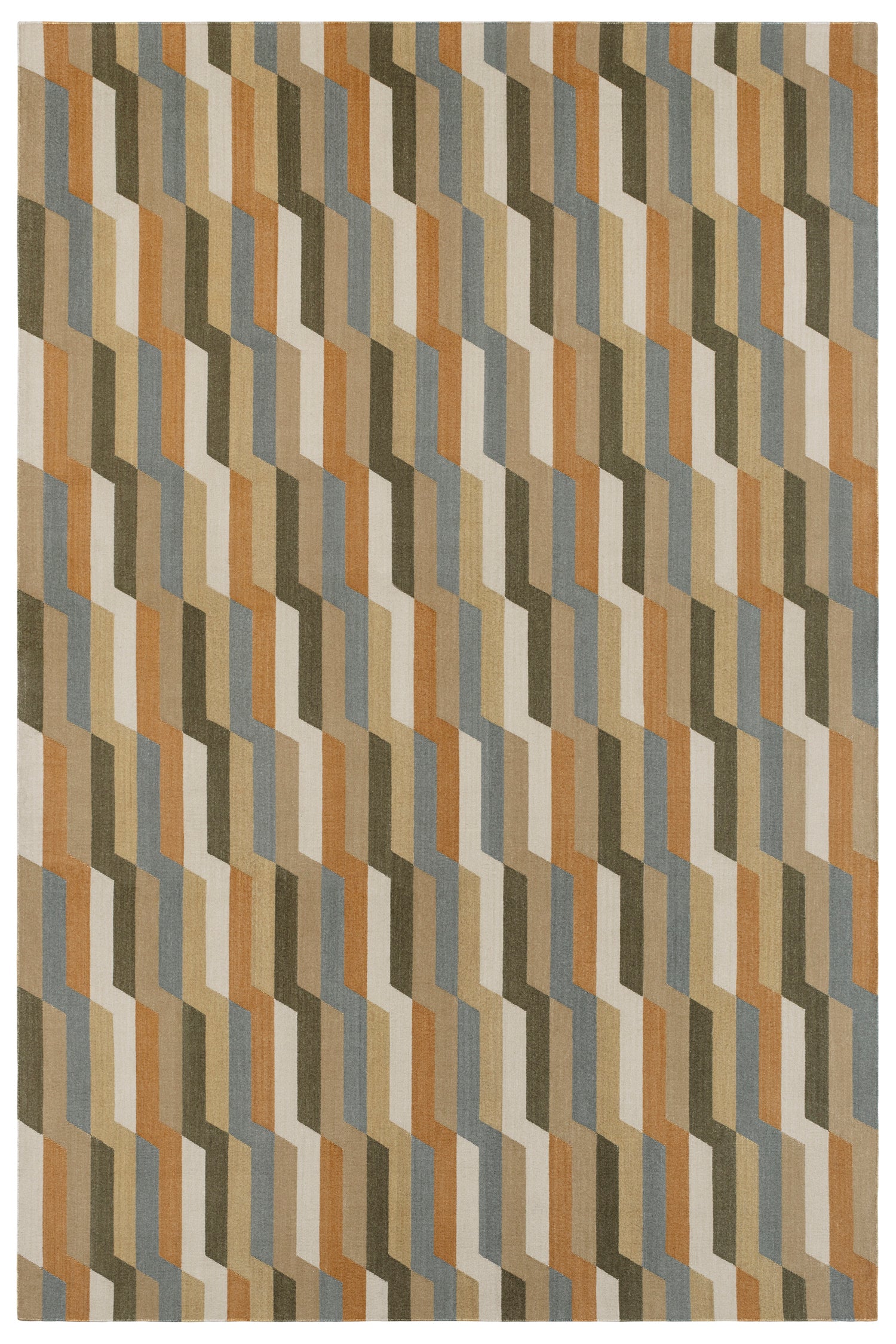 Handwoven rug with a stacked zig zag stripe in shades of tan, ochre, chambray blue and ivory. 