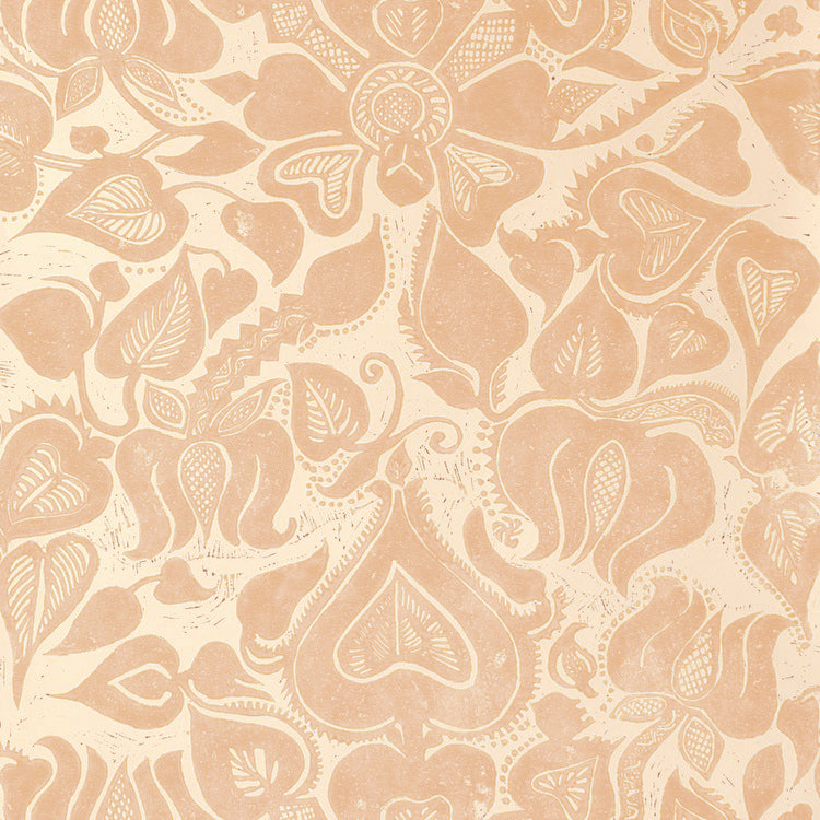 Detail of wallpaper in a repeating floral print in coral on a cream field.