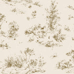 Detail of wallpaper in a painterly shrub and tree print in bronze on a cream field.