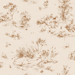 Detail of wallpaper in a painterly shrub and tree print in sienna on a cream field.
