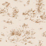 Detail of wallpaper in a painterly shrub and tree print in sienna on a cream field.