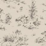 Detail of wallpaper in a painterly shrub and tree print in charcoal on a cream field.