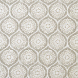 Detail of fabric in a floral lattice print in white and cream on a tan field.