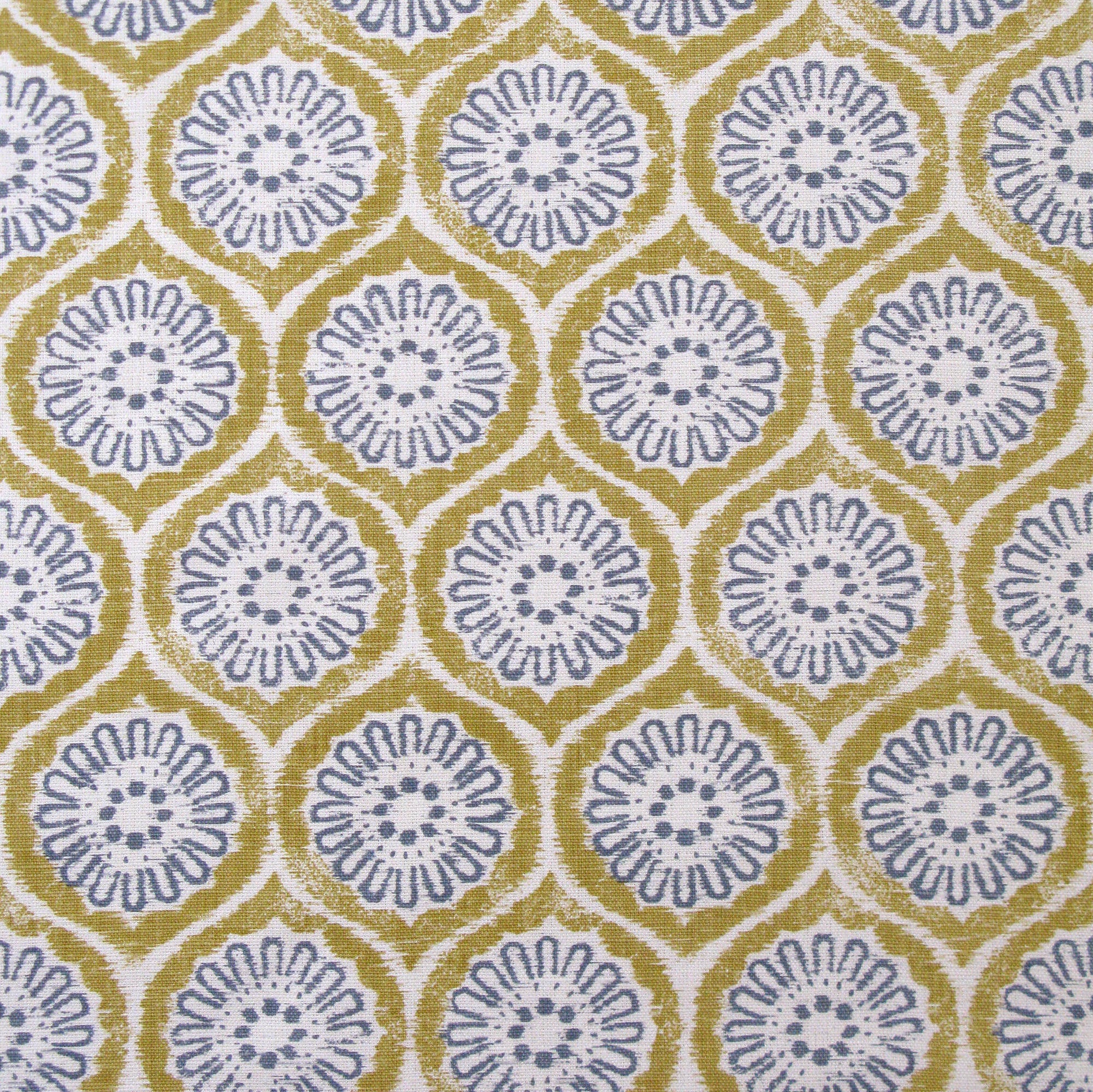 Detail of fabric in a floral lattice print in blue and mustard on a cream field.