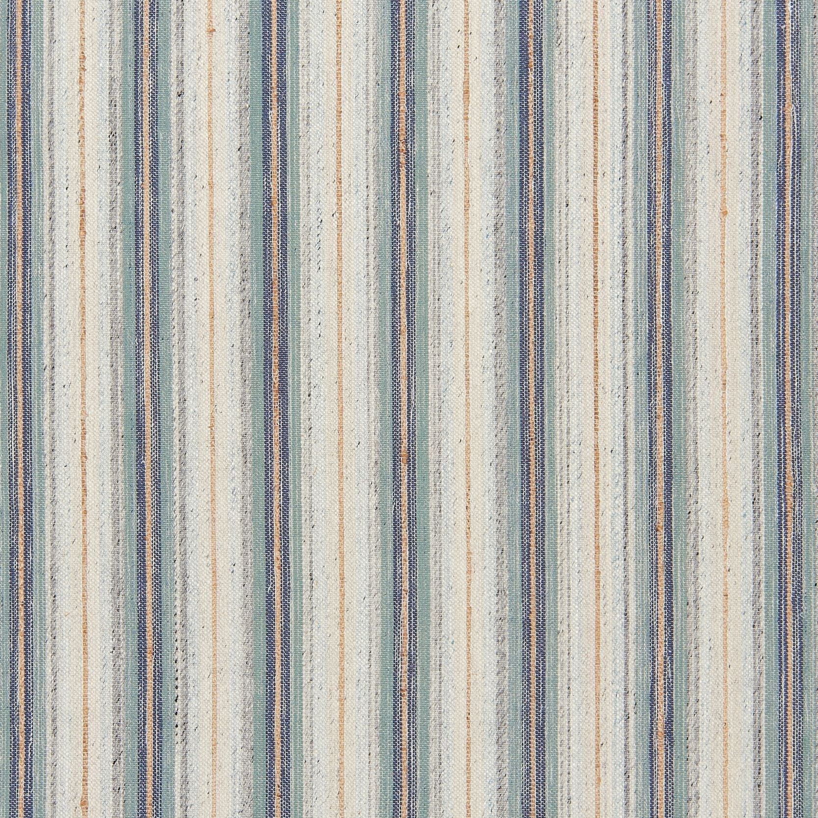 Broadloom carpet fabric with stripes in teal, navy, beige and tan. 