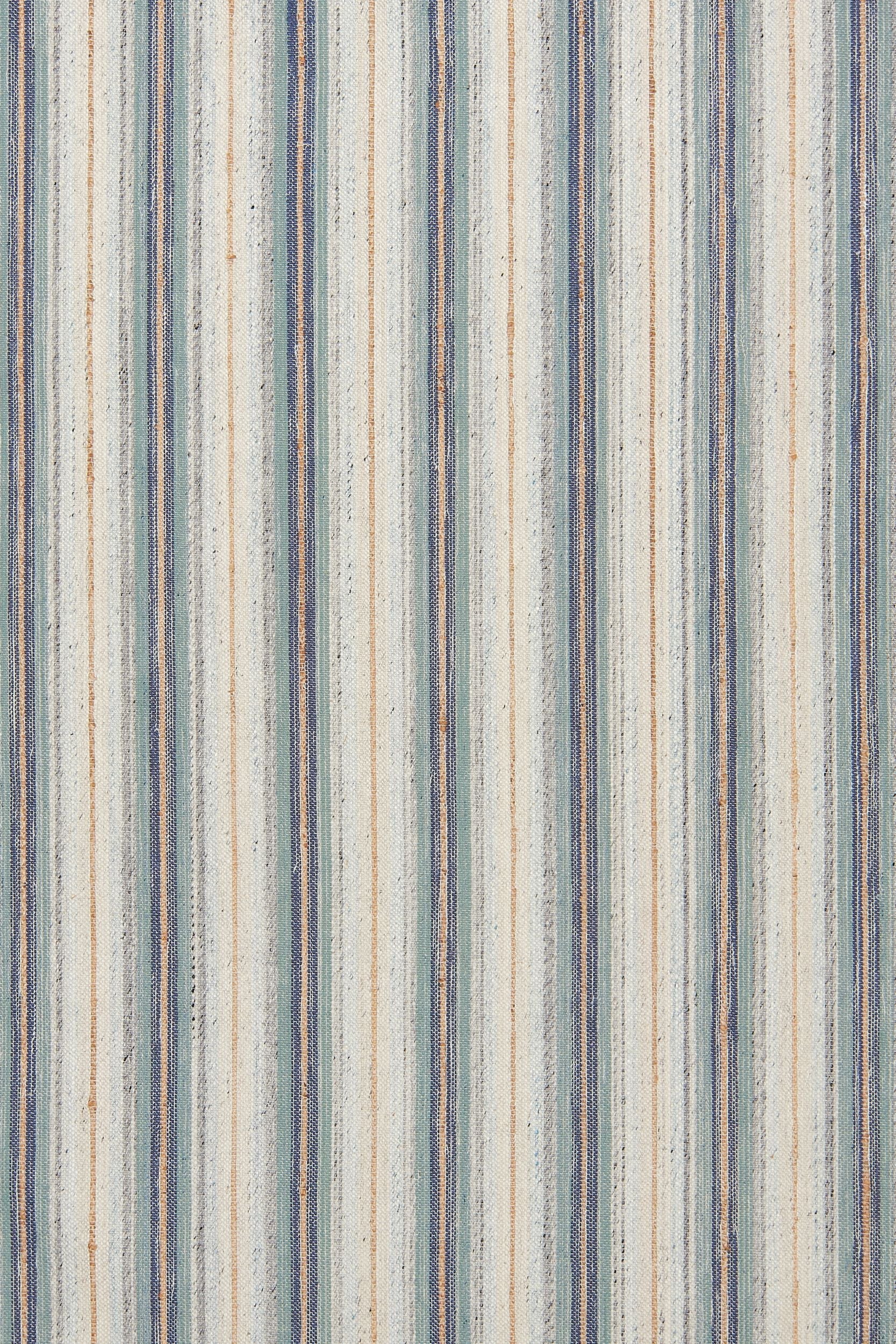 Broadloom carpet fabric with stripes in teal, navy, beige and tan. 