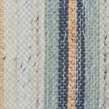 Close-up of a broadloom carpet fabric with stripes in teal, navy, beige and tan. 