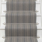 Striped flatweave runner in grey and blue on white staircase