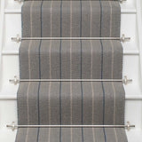 Striped flatweave runner in grey and blue on white staircase