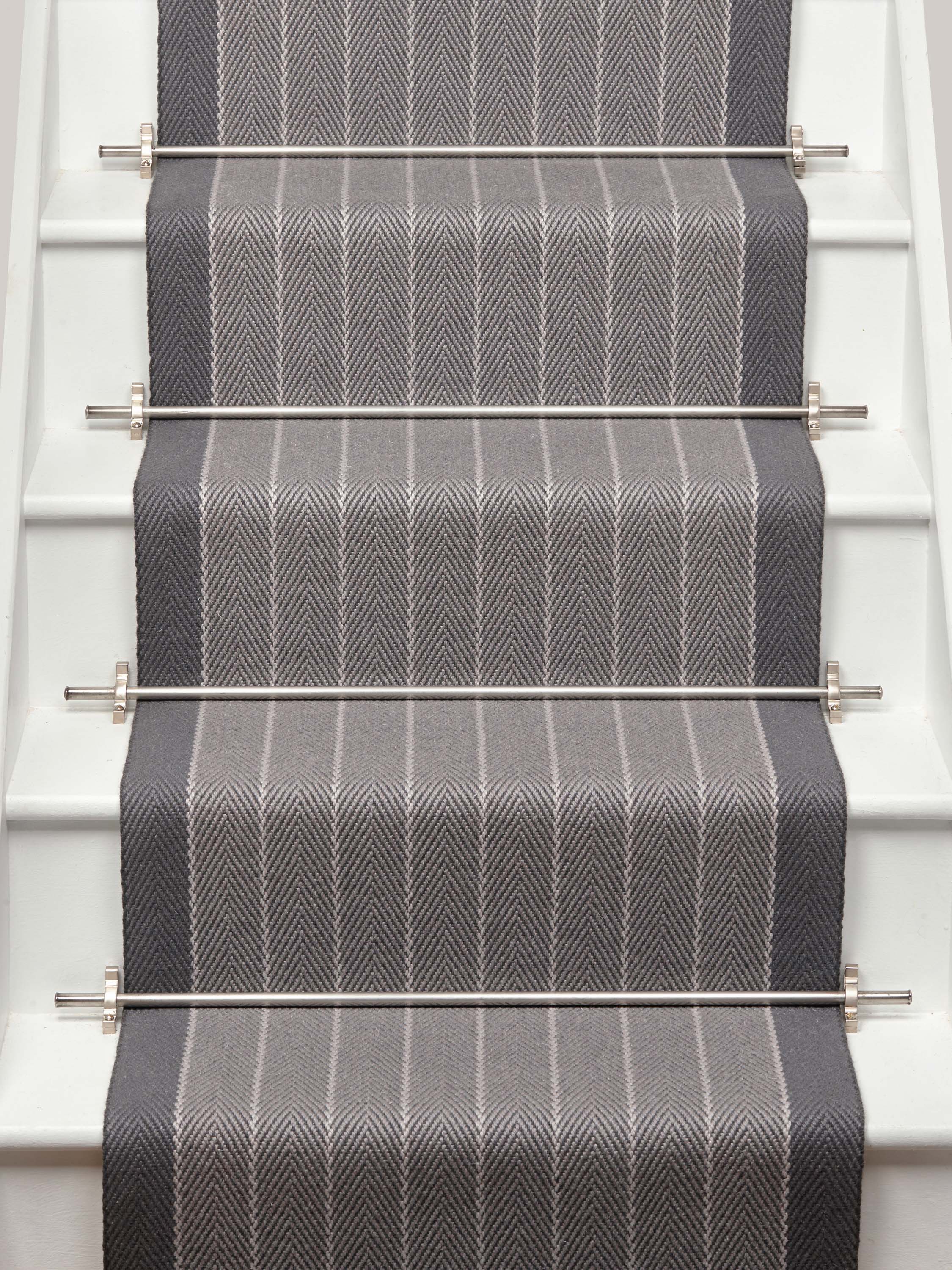 Striped flatweave runner in light grey on white staircase