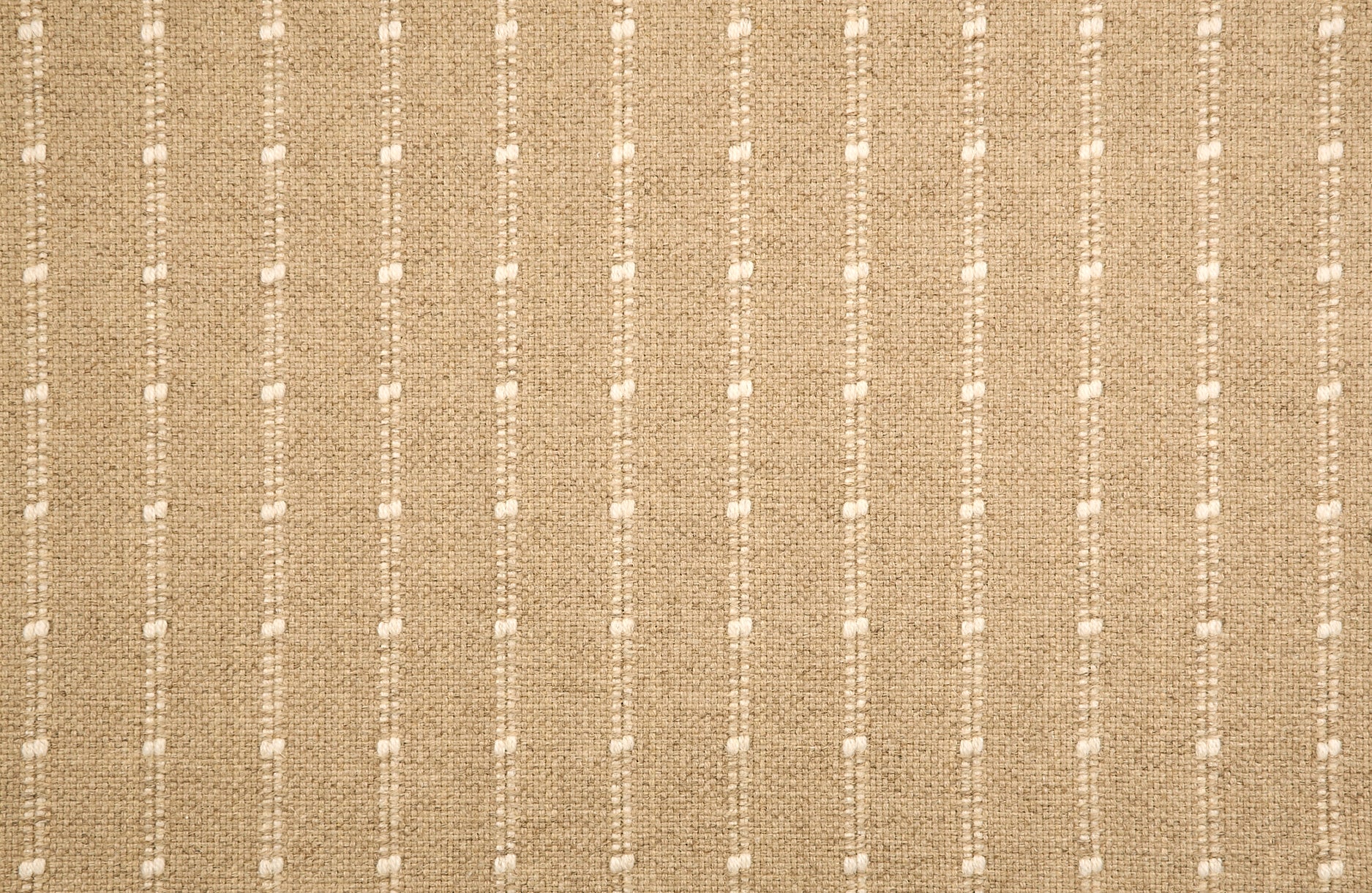 Broadloom carpet swatch with a vertical dotted stripe in tan and white. 