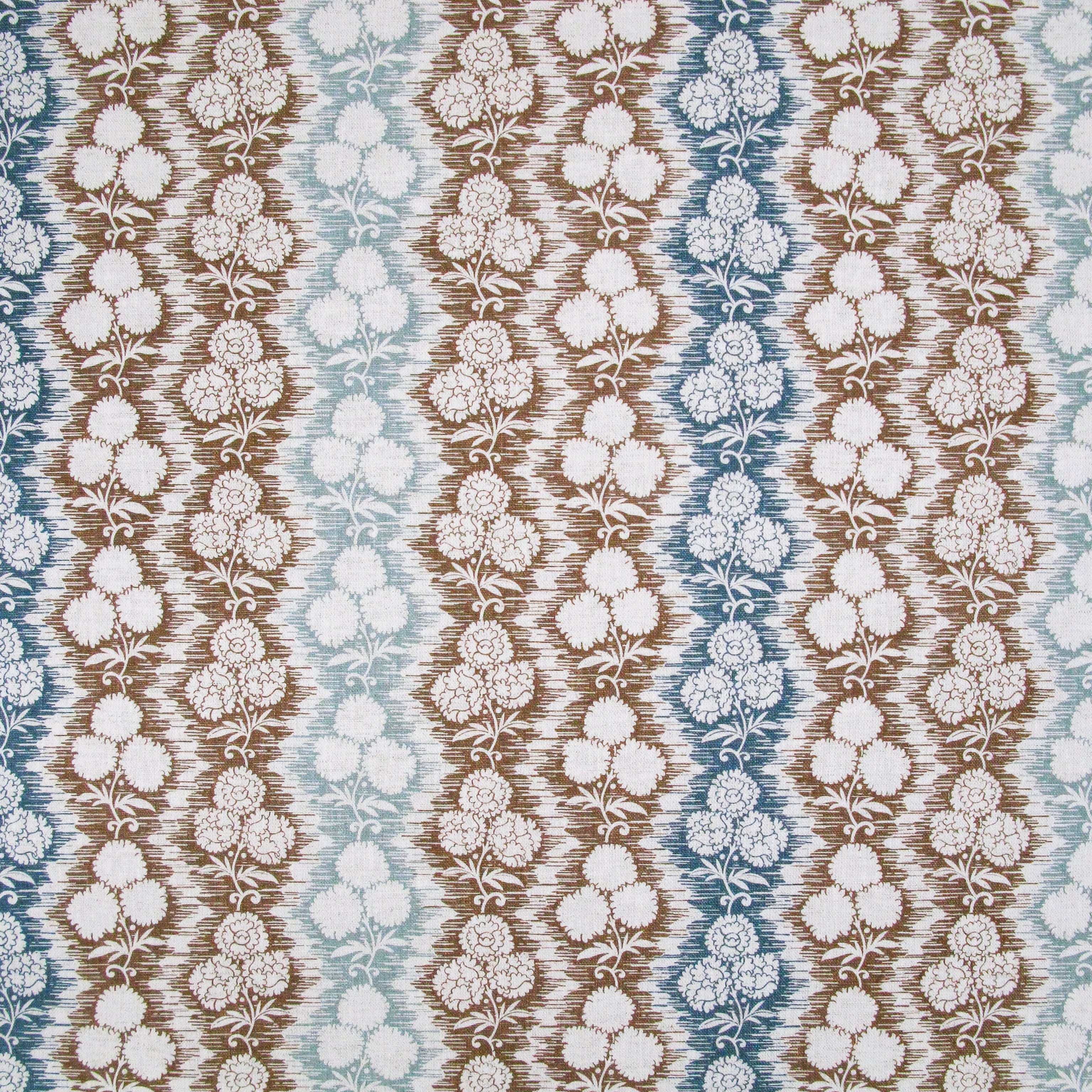 Fabric in a detailed botanical stripe print in shades of blue and brown on a white field.