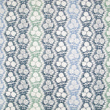 Fabric in a detailed botanical stripe print in shades of blue and green on a white field.