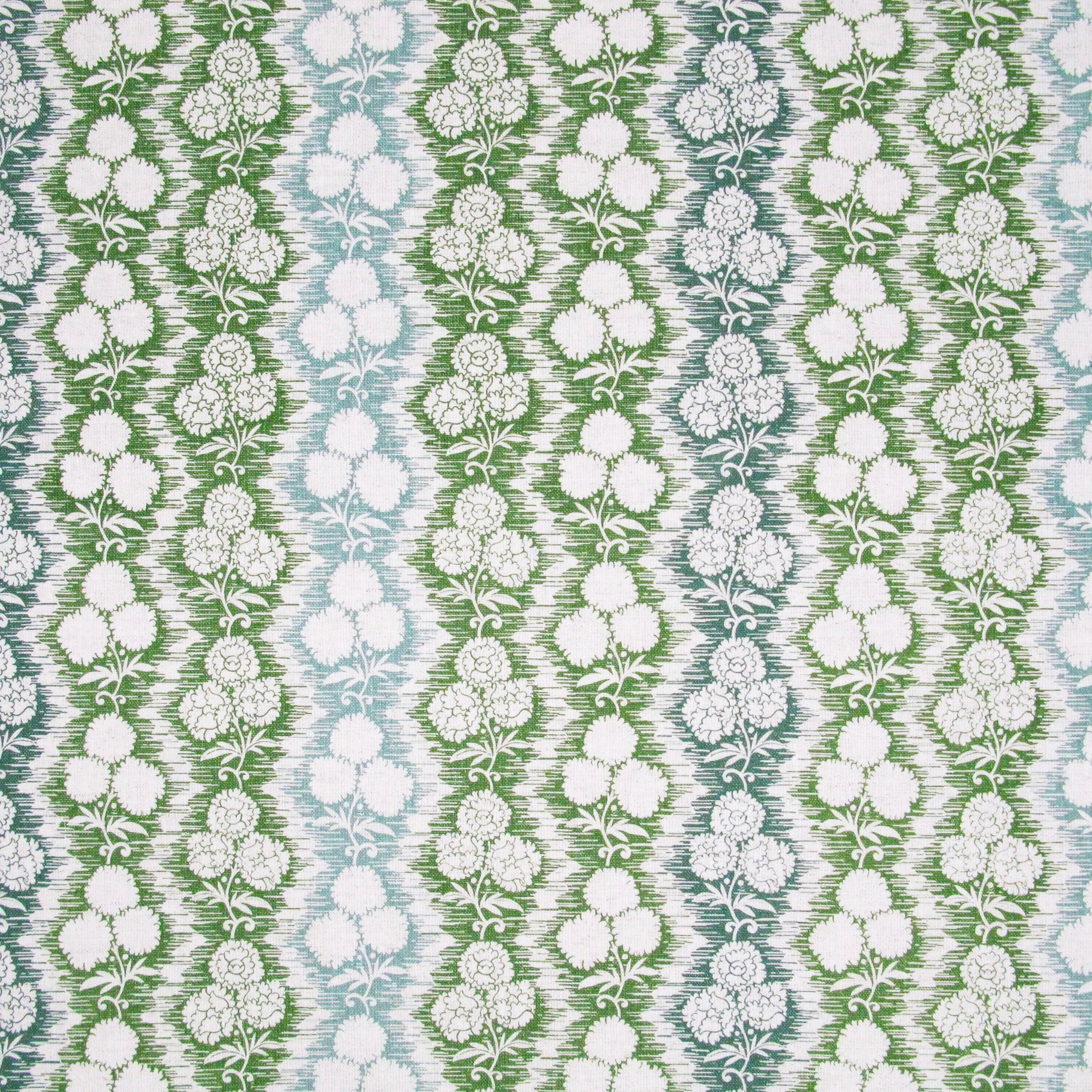 Fabric in a detailed botanical stripe print in shades of blue and green on a white field.