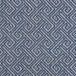 Broadloom carpet with Greek key pattern in cream on navy blue.