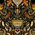 Detail of wallpaper in a floral damask print in shades of cream, coral and gold on a black field.
