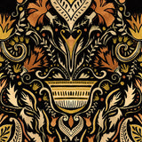 Detail of wallpaper in a floral damask print in shades of cream, coral and gold on a black field.