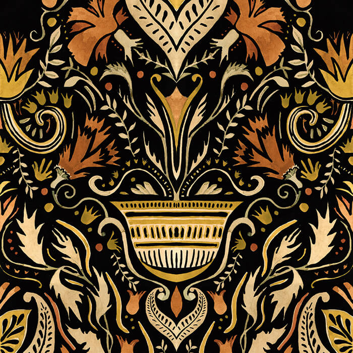 Detail of wallpaper in a floral damask print in shades of cream, coral and gold on a black field.