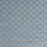 Close up of woven fabric with small scale checkerboard pattern in white and sky blue. 