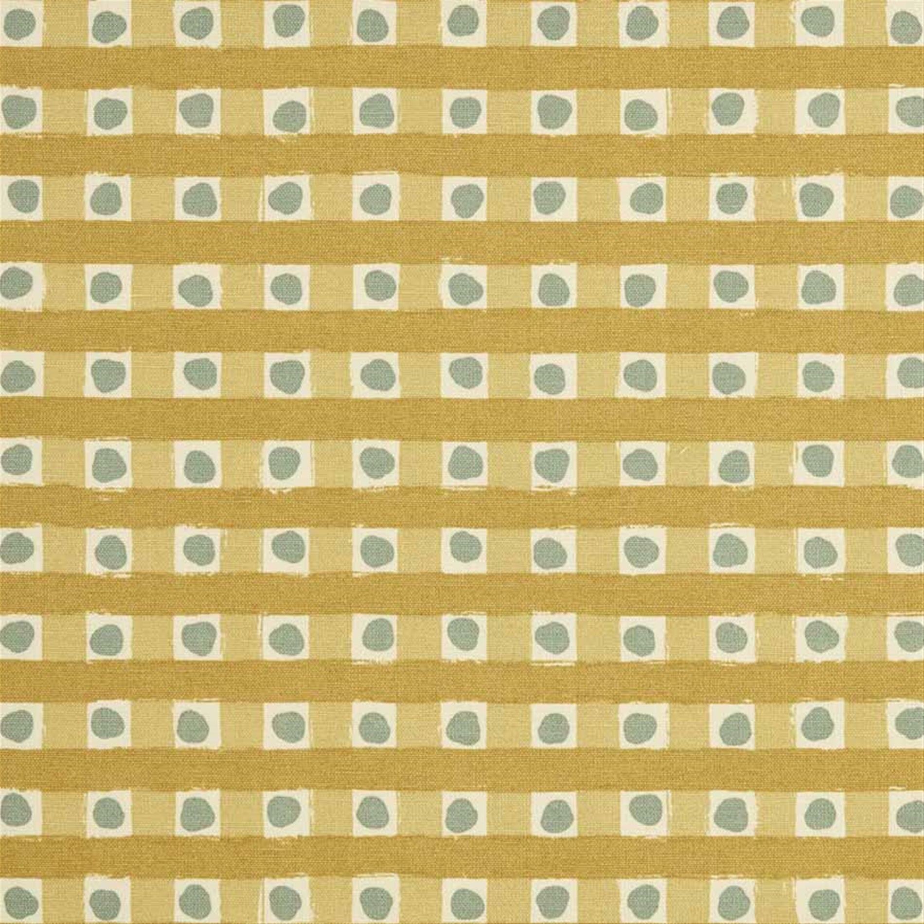 Detail of fabric in a playful dotted check print in gray and mustard on a cream field.