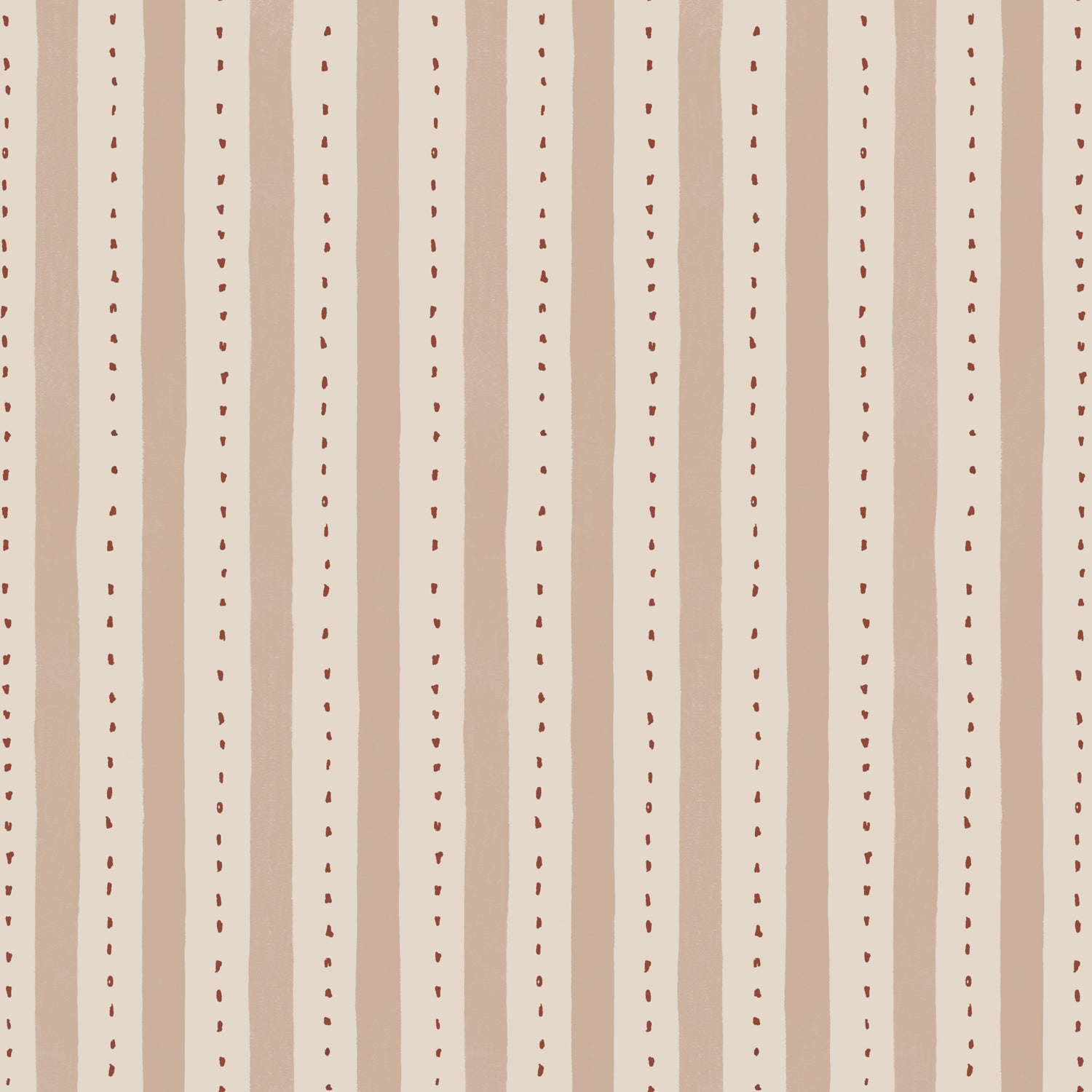 Wallpaper detail in a playful hand drawn dotted stripe in ivory, blush and red.