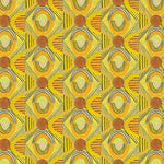 Printed fabric with a hand drawn geometric pattern in in yellow, orange and rust red and navy blue accent stripes. 