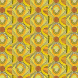 Printed fabric with a hand drawn geometric pattern in in yellow, orange and rust red and navy blue accent stripes. 