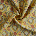 Close up of gently draped printed fabric with a hand drawn geometric pattern in in yellow, orange and rust red and navy blue accent stripes. 