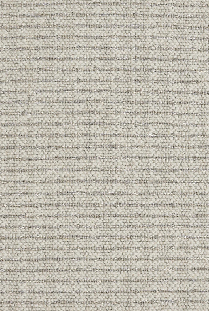 Textured broadloom carpet in a stripe pattern of cream and grey. 