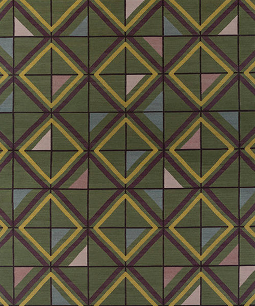 Geometric patterned rug with green, yellow, and purple colors.