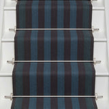 Striped flatweave runner in blue and black on white staircase