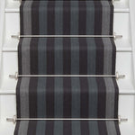 Striped flatweave runner in grey blue and black on white staircase
